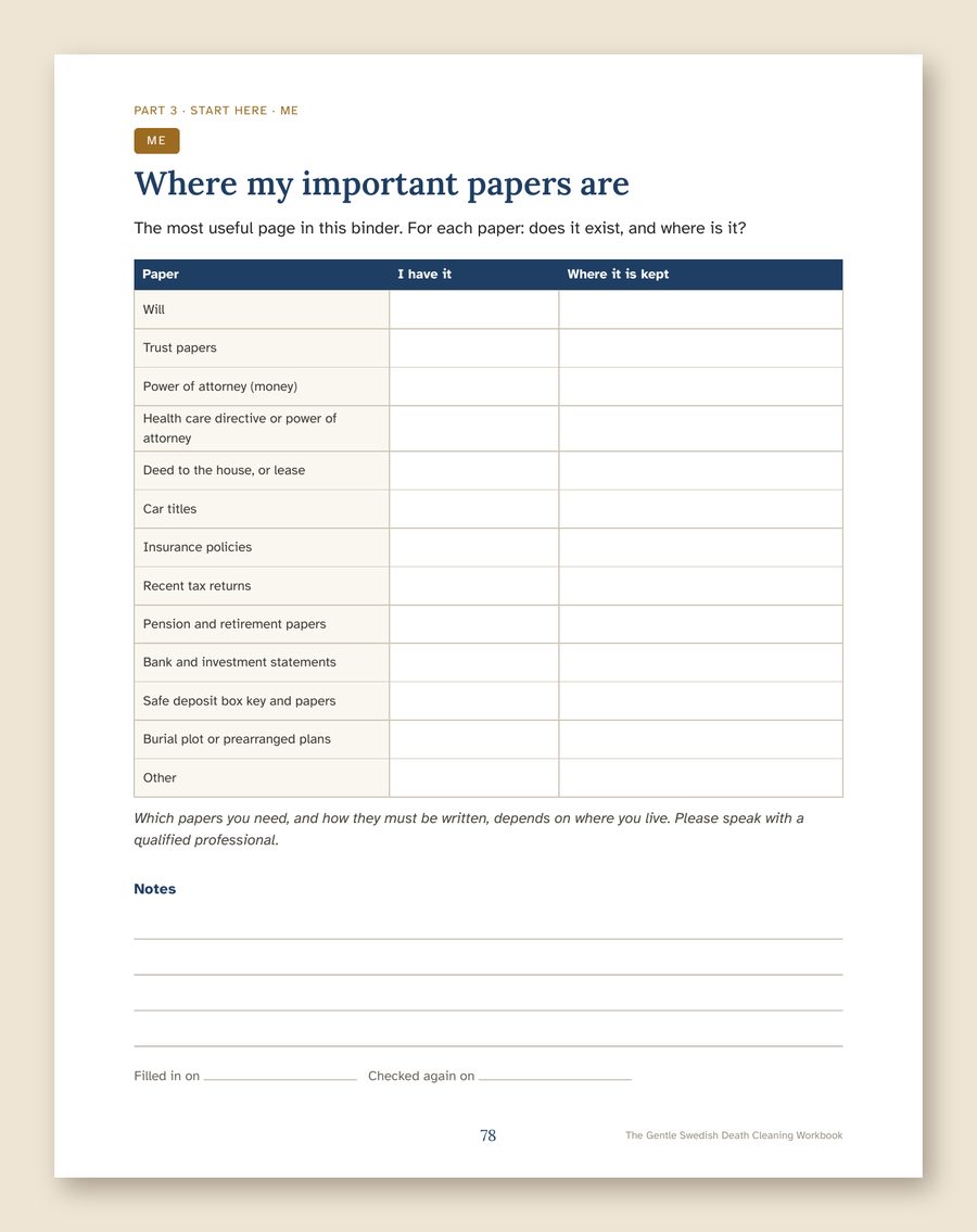 Page 78: where my important papers are